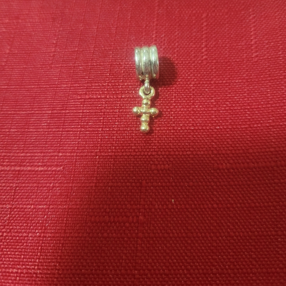 Pandora Sterling Silver, 14k Gold "Cross" Slide Charm, Retired 790169